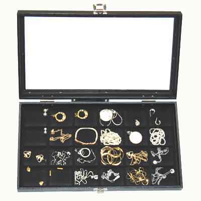 Glass Jewelry Display on Wooden Glass Top 24 Compartment Jewelry Display Case   Ebay