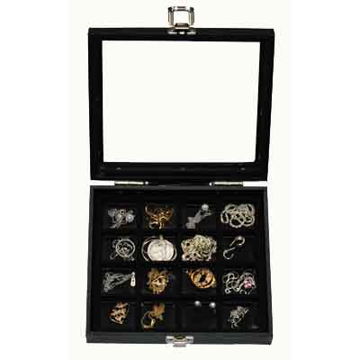 Glass Jewelry Display on Wooden Glass Top 16 Compartment Jewelry Display Case   Ebay
